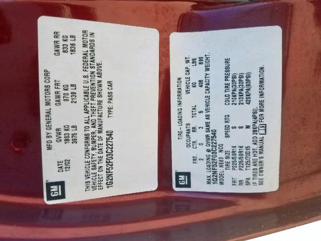 1G2NF52F03C227540 - 2003 PONTIAC GRAND AM S RED photo 10