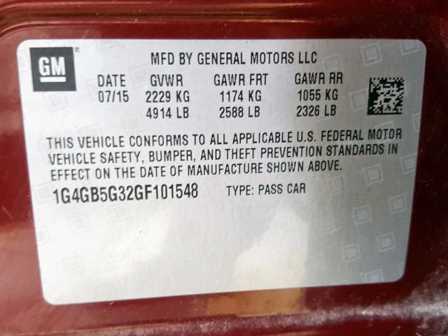 1G4GB5G32GF101548 - 2016 BUICK LACROSSE RED photo 10