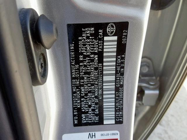 4T1BK1EB3GU211338 - 2016 TOYOTA AVALON XLE SILVER photo 10