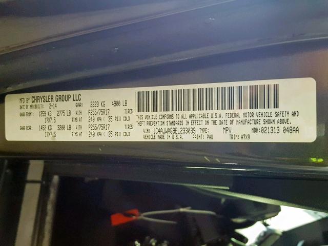 1C4AJWAG9EL233039 - 2014 JEEP WRANGLER S გრაფიტი ფოტო 10