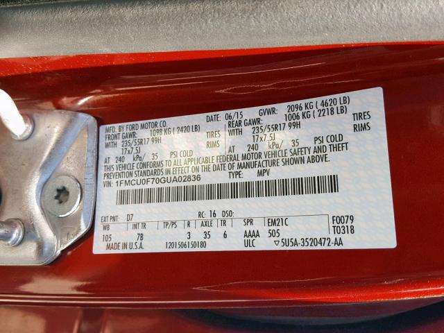 1FMCU0F70GUA02836 - 2016 FORD ESCAPE S BURGUNDY photo 10