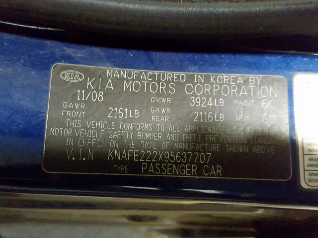 KNAFE222X95637707 - 2009 KIA SPECTRA EX BLUE photo 10