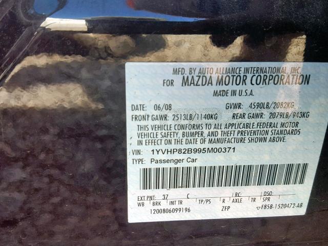 1YVHP82B995M00371 - 2009 MAZDA 6 S BLACK photo 10