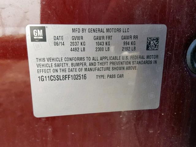 1G11C5SL8FF102516 - 2015 CHEVROLET MALIBU 1LT 栗色 照片 10