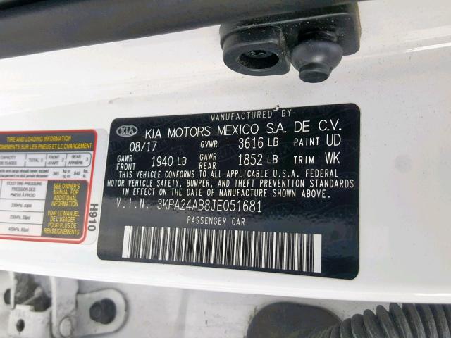 3KPA24AB8JE051681 - 2018 KIA RIO LX WHITE photo 10