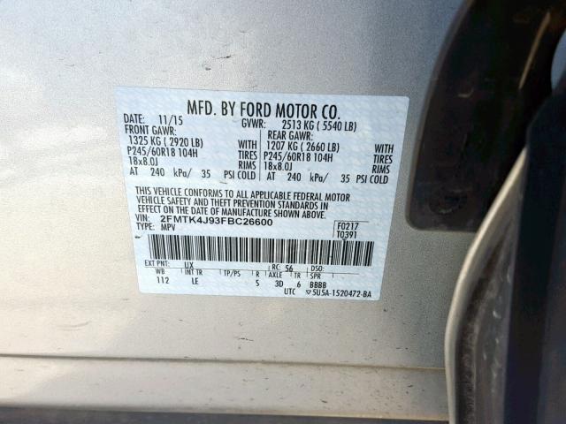 2FMTK4J93FBC26600 - 2015 FORD EDGE SEL SILVER photo 10