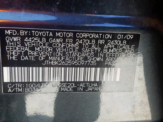 JTHBK262595097735 - 2009 LEXUS IS 250 GRAY photo 10