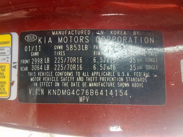 KNDMG4C76B6414154 - 2011 KIA SEDONA LX MAROON photo 10