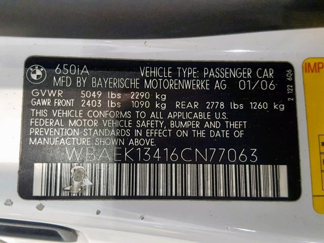 WBAEK13416CN77063 - 2006 BMW 650 I WHITE photo 10