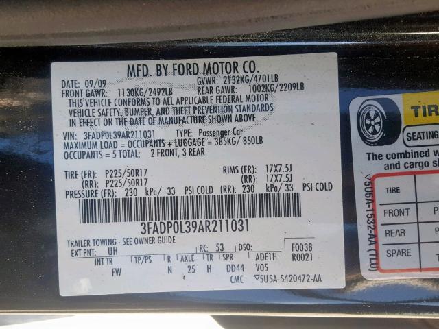 3FADP0L39AR211031 - 2010 FORD FUSION HYB BLACK photo 10