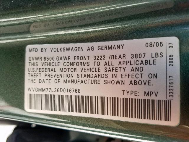 WVGMM77L36D016768 - 2006 VOLKSWAGEN TOUAREG 4. GREEN photo 10