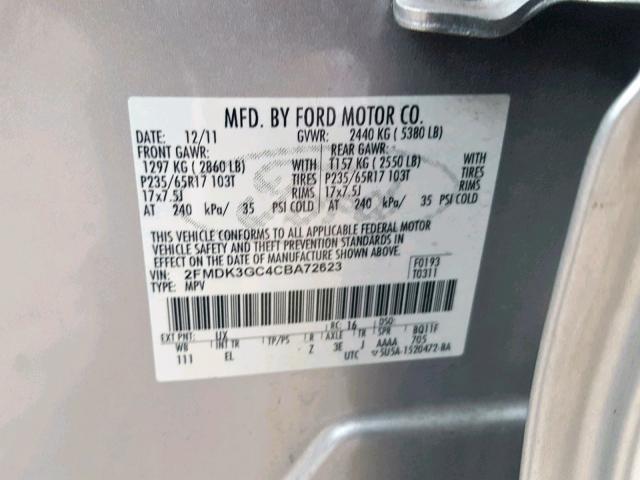 2FMDK3GC4CBA72623 - 2012 FORD EDGE SE SILVER photo 10