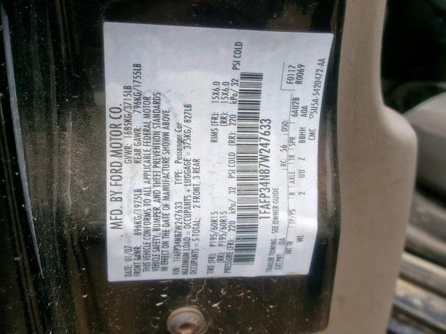 1FAFP34N87W247633 - 2007 FORD FOCUS ZX4 BLACK photo 10