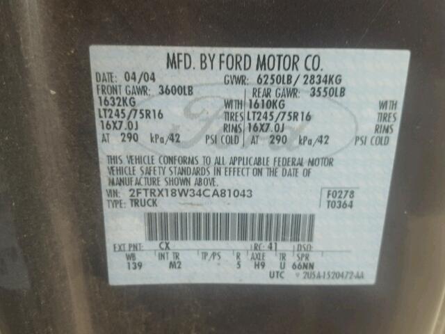 2FTRX18W34CA81043 - 2004 FORD F-150 HERI GRAY photo 10