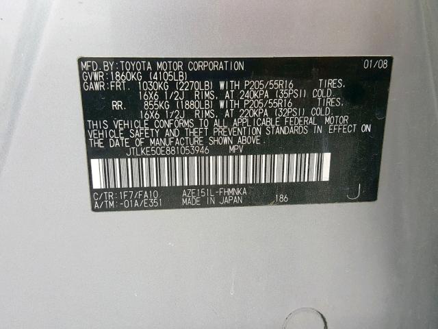 JTLKE50E881053946 - 2008 TOYOTA SCION XB 银色 照片 10