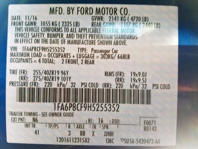 1FA6P8CF9H5255352 - 2017 FORD MUSTANG GT BLUE photo 10