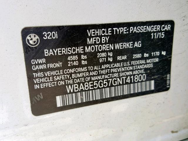 WBA8E5G57GNT41800 - 2016 BMW 320 XI WHITE photo 10