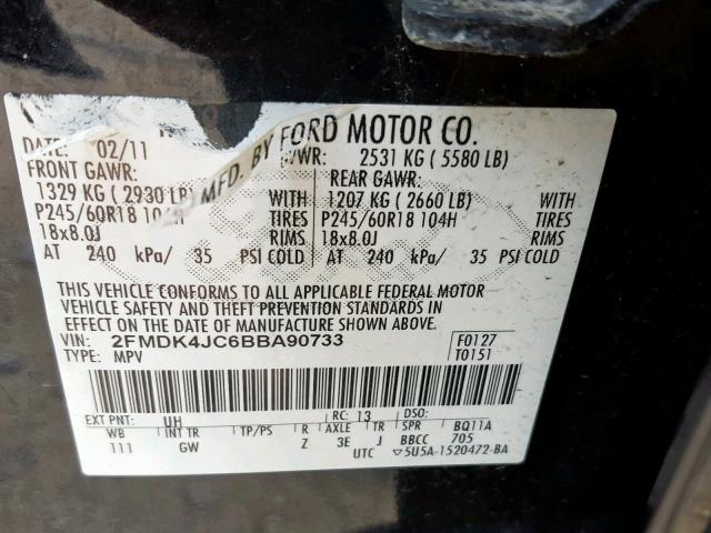 2FMDK4JC6BBA90733 - 2011 FORD EDGE SEL BLACK photo 10