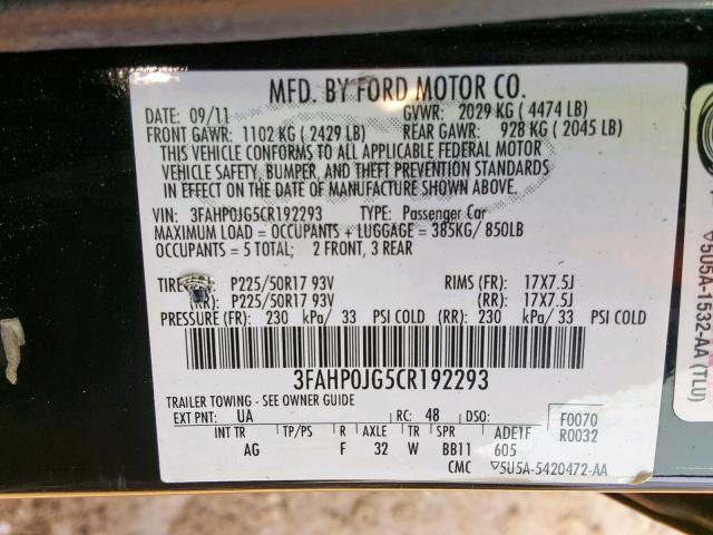 3FAHP0JG5CR192293 - 2012 FORD FUSION SEL BLACK photo 10