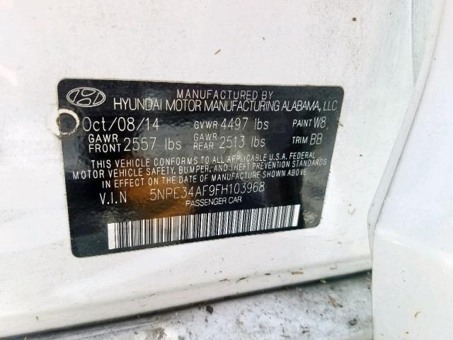 5NPE34AF9FH103968 - 2015 HYUNDAI SONATA SPO WHITE photo 10