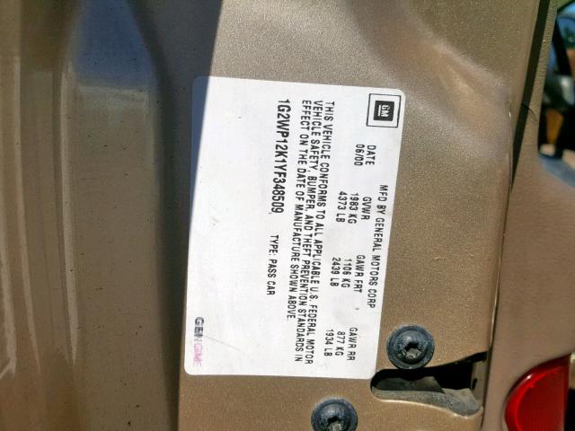 1G2WP12K1YF348509 - 2000 PONTIAC GRAND PRIX GOLD photo 10