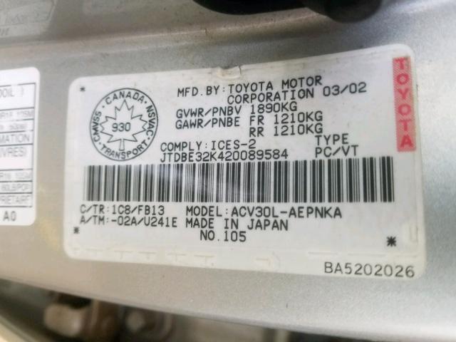 JTDBE32K420089584 - 2002 TOYOTA CAMRY LE SILVER photo 10