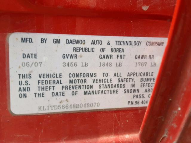 KL1TD56648B048070 - 2008 CHEVROLET AVEO BASE Qırmızı foto 10