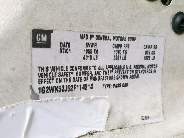 1G2WK52J52F114314 - 2002 PONTIAC GRAND PRIX WHITE photo 10