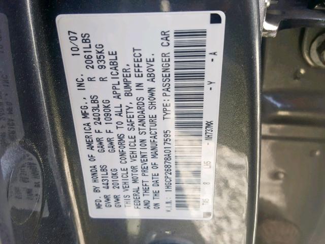 1HGCP26878A017595 - 2008 HONDA ACCORD EXL GRAY photo 10