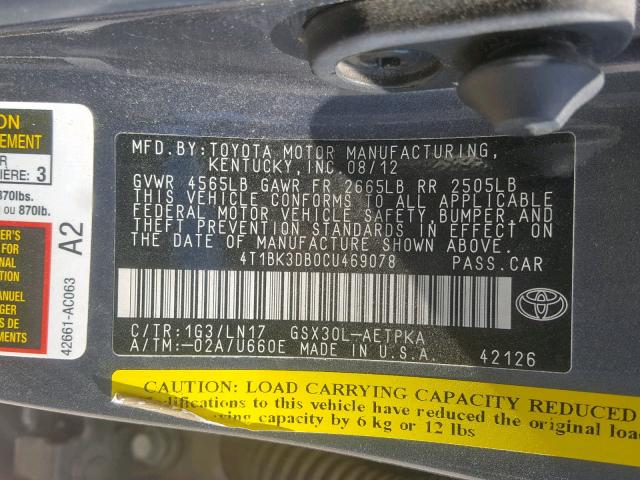 4T1BK3DB0CU469078 - 2012 TOYOTA AVALON BAS GRAY photo 10