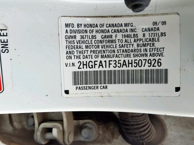 2HGFA1F35AH507926 - 2010 HONDA CIVIC VP WHITE photo 10