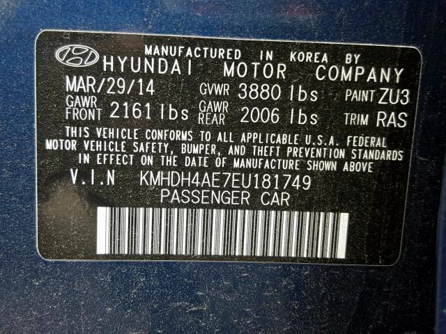 KMHDH4AE7EU181749 - 2014 HYUNDAI ELANTRA SE BLUE photo 10