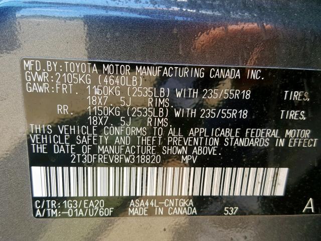 2T3DFREV8FW318820 - 2015 TOYOTA RAV4 LIMIT GRAY photo 10