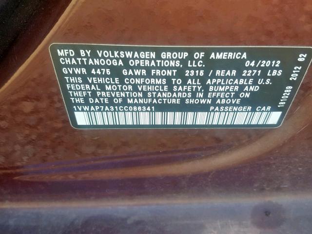 1VWAP7A31CC086341 - 2012 VOLKSWAGEN PASSAT S MAROON photo 10