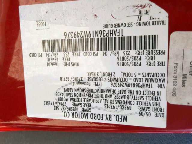 1FAHP36N19W249376 - 2009 FORD FOCUS SES RED photo 10