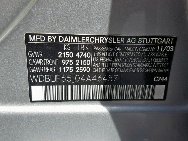 WDBUF65J04A464571 - 2004 MERCEDES-BENZ E 320 SILVER photo 10