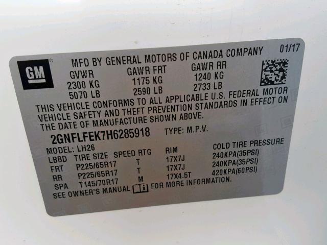 2GNFLFEK7H6285918 - 2017 CHEVROLET EQUINOX LT WHITE photo 10