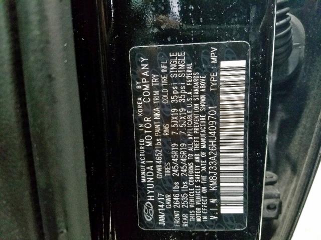 KM8J33A26HU409701 - 2017 HYUNDAI TUCSON LIM BLACK photo 10