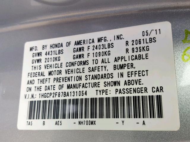 1HGCP2F87BA131054 - 2011 HONDA ACCORD EXL SILVER photo 10