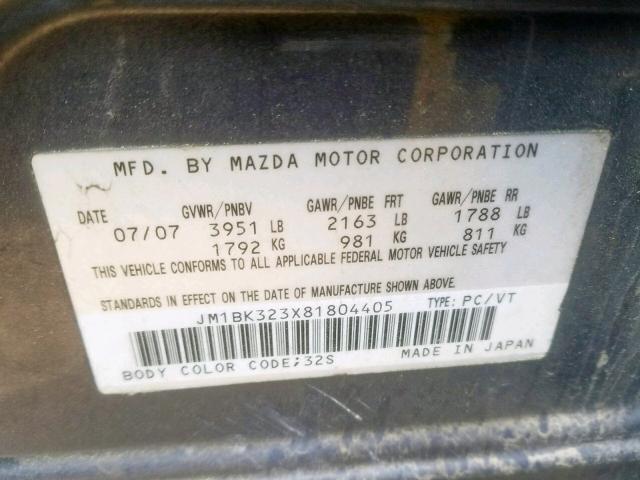 JM1BK323X81804405 - 2008 MAZDA 3 S SILVER photo 10