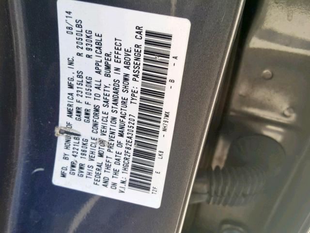 1HGCR2F82EA305207 - 2014 HONDA ACCORD EXL GRAY photo 10