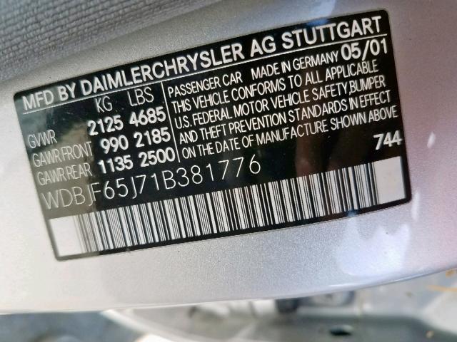 WDBJF65J71B381776 - 2001 MERCEDES-BENZ E 320 SILVER photo 10