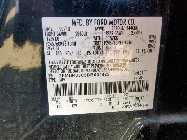 2FMDK3JC5BBA31425 - 2011 FORD EDGE SEL BLACK photo 10