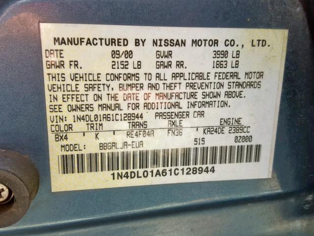 1N4DL01A61C128944 - 2001 NISSAN ALTIMA GXE TEAL photo 10