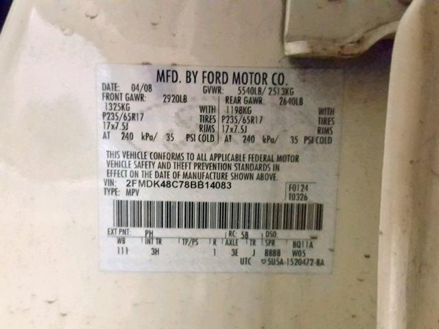 2FMDK48C78BB14083 - 2008 FORD EDGE SEL CREAM photo 10