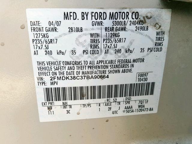 2FMDK38C37BA90664 - 2007 FORD EDGE SEL GRAY photo 10