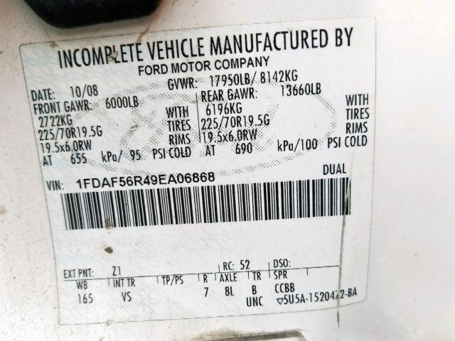 1FDAF56R49EA06868 - 2009 FORD F550 SUPER WHITE photo 10