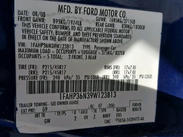 1FAHP36N39W123813 - 2009 FORD FOCUS SES BLUE photo 10