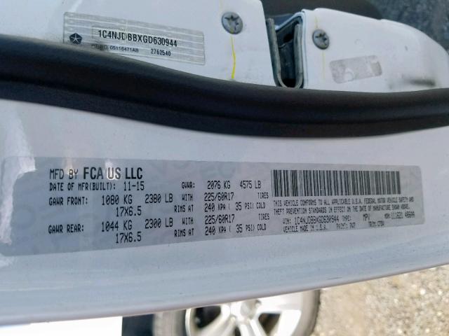 1C4NJDBBXGD630944 - 2016 JEEP COMPASS SP თეთრი ფოტო 10