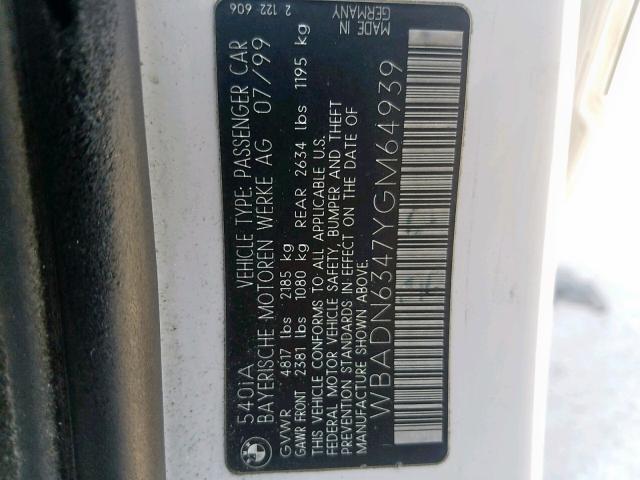 WBADN6347YGM64939 - 2000 BMW 540 I AUTO WHITE photo 10